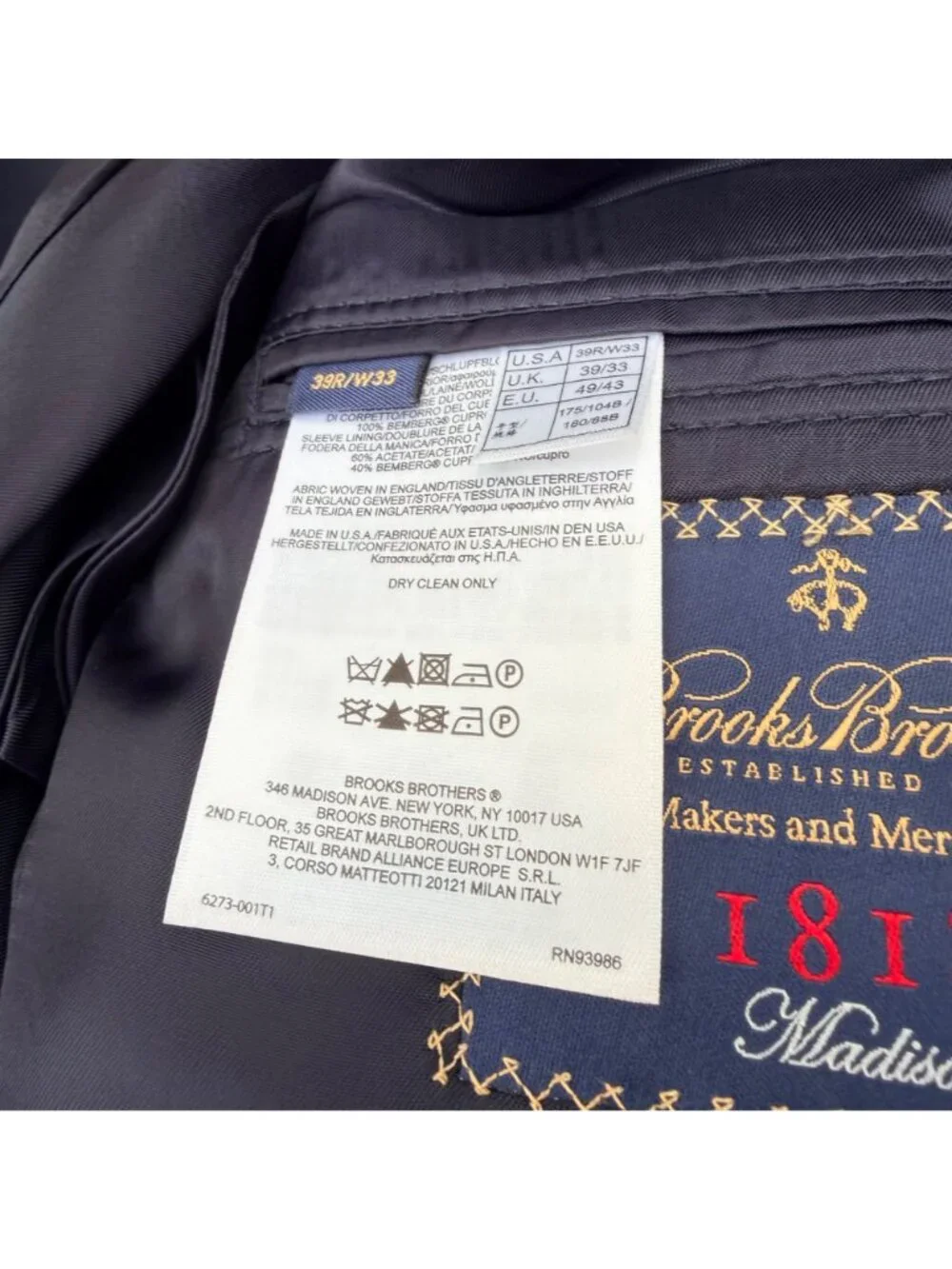 Brooks Brothers 1818 Madison Navy Suit 39R / 38x32 Estrato Tollegna Wool USA